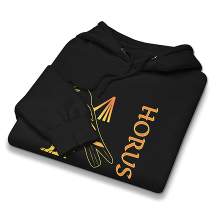 Horus Egyptian god hoodie featuring a striking falcon graphic and mythological design print.