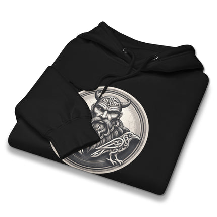 Viking hoodie featuring Norse Odin and raven graphic print design.