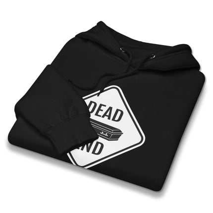 Dead End Coffin Road Sign graphic on a dark humor pullover fleece hoodie.