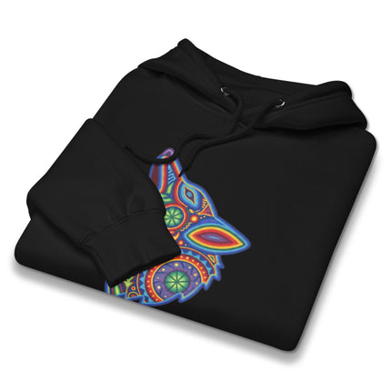Vibrant Huichol Mexican folk art hoodie featuring a howling wolf design.