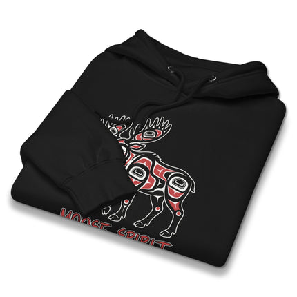 Moose Spirit indigenous art pullover featuring a Pacific Northwest style moose animal graphic.