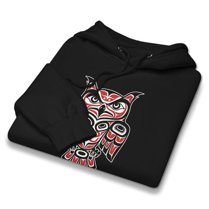 Northwest Coast owl graphic hoodie featuring Indigenous Formline Art pullover fleece design.
