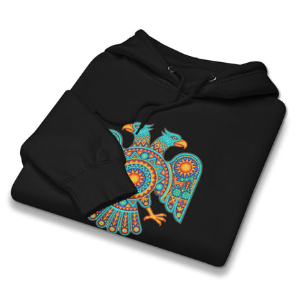 Vibrant Mexican folk art hoodie featuring a two-headed eagle Huichol motif pullover.