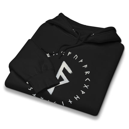 Bind Rune protection hoodie featuring Viking magic symbols and Norse runic designs.