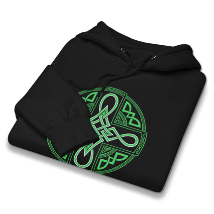 Green knotwork Celtic Cross pullover hoodie featuring Irish Pride design.