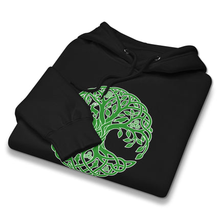 Green hoodie featuring a detailed Celtic Tree of Life and intricate Irish knotwork graphic design.