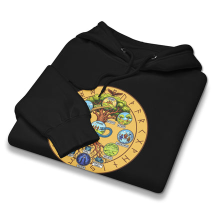 Yggdrasil World Tree hoodie graphic featuring Norse mythology runes and nine realms design.