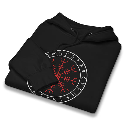 Norse Viking hoodie featuring Aegishjalmur helm and intricate runic symbols graphic print.