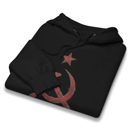 Distressed red pullover hoodie featuring the Hammer & Sickle Communist USSR symbol print.