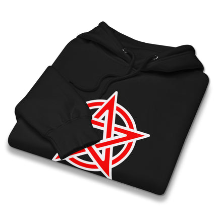 Red pullover hoodie featuring a mystical pentagram graphic design on fleece fabric.