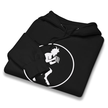 Pan Satyr graphic hoodie featuring a mythological figure playing a flute illustration print.