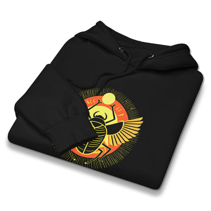 Ancient Egyptian Khepri scarab wings design on a unisex pullover hoodie.