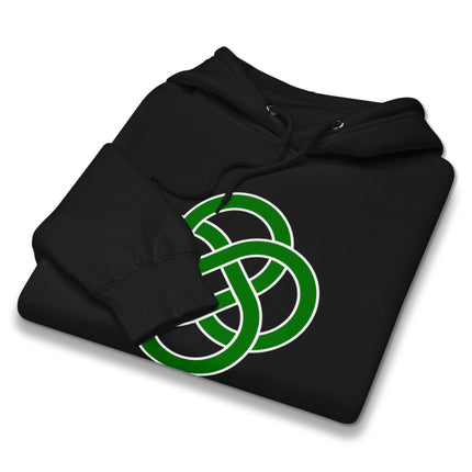 Green hoodie featuring a celtic infinity knotwork pattern.