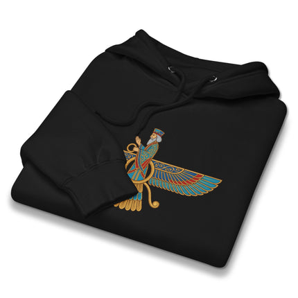 Faravahar symbol on a black hoodie, featuring ancient Persian Zoroastrian winged Ahura Mazda design.