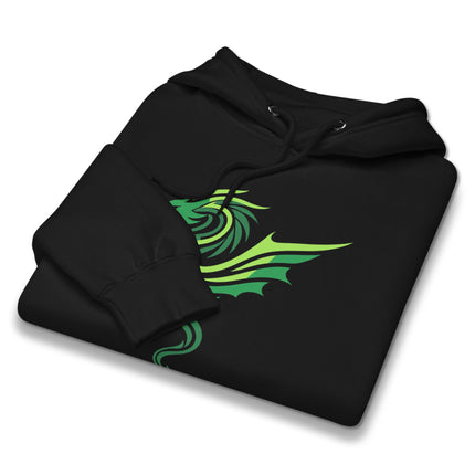 Green and black unisex hoodie featuring a detailed Celtic dragon graphic print design.