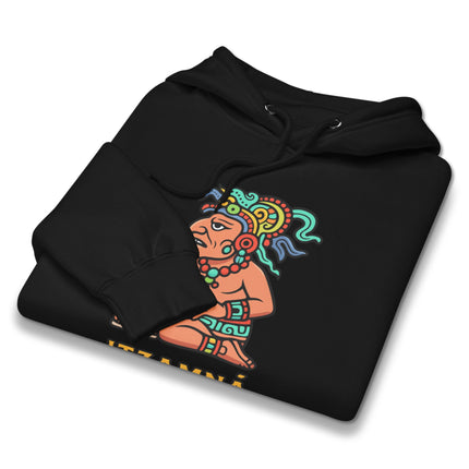 Itzamná Mayan god graphic printed on a unisex pullover hoodie featuring ancient mythology art.