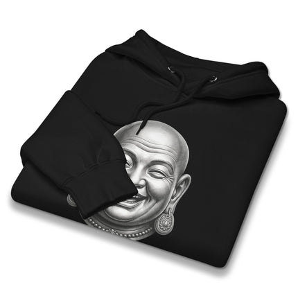 Laughing Buddha Hotei graphic on a cozy pullover hoodie design.