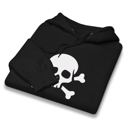 Pirate Jolly Roger skull and crossbones graphic printed on unisex fleece pullover hoodie.