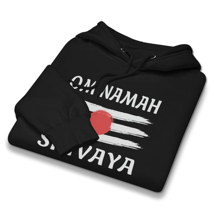 Shiva devotional hoodie featuring Om Namah Shivaya mantra and sacred Tripundra design.