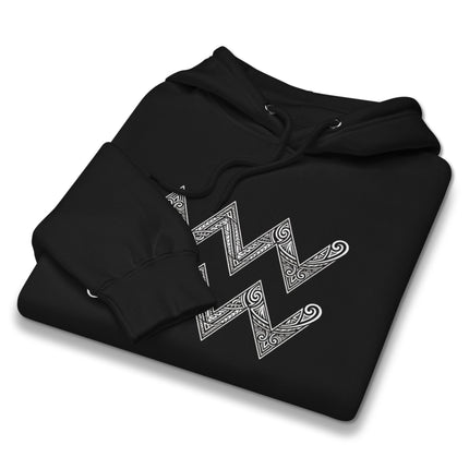 Aquarius zodiac symbol hoodie with intricate tribal astrology pattern pullover.