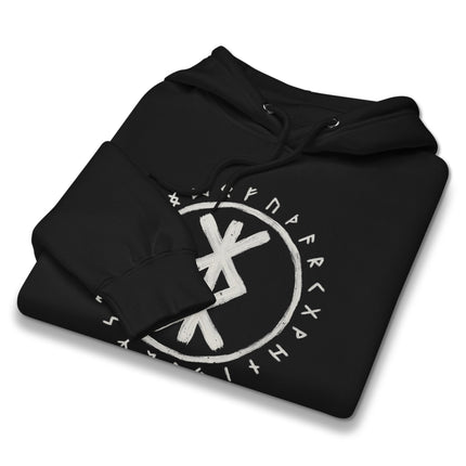 Pullover hoodie featuring Norse Protection Bind runes and intricate Viking Futhark symbols.