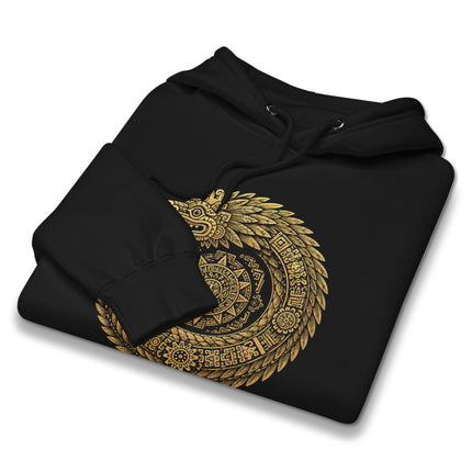 Gold mandala sacred geometry print featuring a feathered serpent design on a comfortable hoodie.