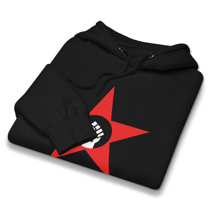 Socialist fist and red star symbol printed pullover hoodie for protest apparel.