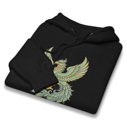 Homa Bird Hoodie | Persian Mythology Phoenix Gold Teal Graphic Pullover Hoodie