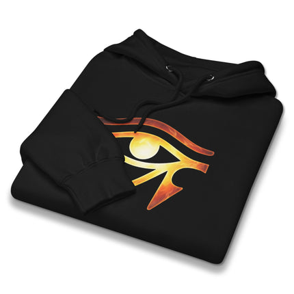 Fiery Eye of Ra sun god emblem graphic on an ancient Egyptian pullover fleece hoodie.