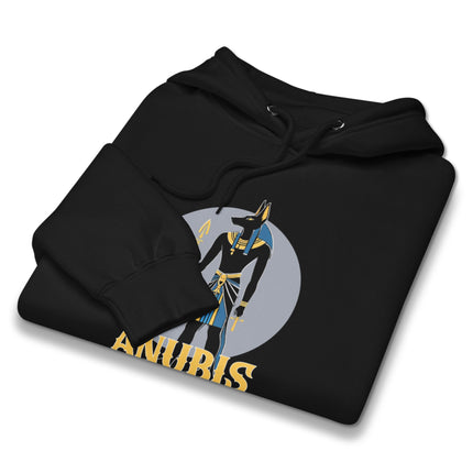 Unisex pullover hoodie featuring an ancient Anubis Egyptian mythology graphic print of the god.