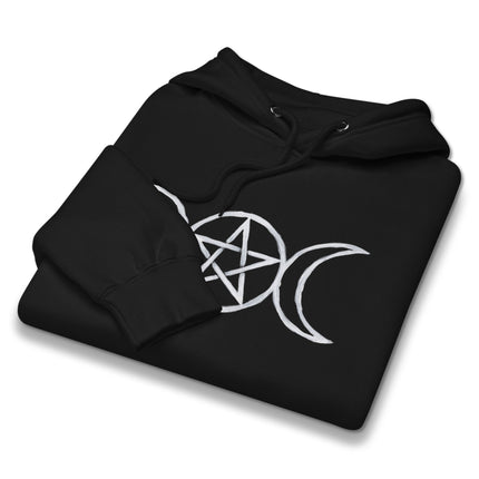 Wiccan triple moon pentagram graphic pullover hoodie for goddess witchy style.