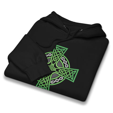 Green Celtic Cross hoodie featuring intricate Irish knotwork design for unisex pride wear.
