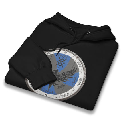 Viking raven shield graphic hoodie featuring Norse mythology warrior art.