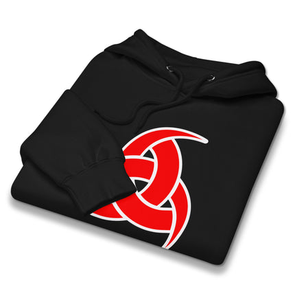 Norse Viking hoodie featuring Odin's horns graphic in bold red print on fleece pullover.