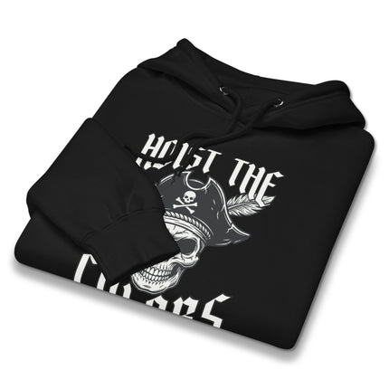 Pirate skull tricorn hat graphic on black pullover hoodie. Hoist the colors apparel design.