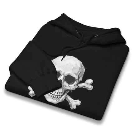Gothic black hoodie featuring detailed skeletal art of skulls and crossbones.
