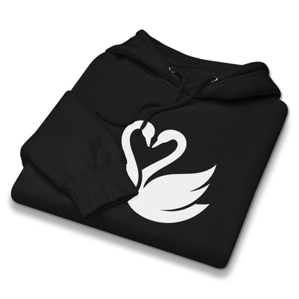 White swan couple graphic forming a heart design on a cozy pullover hoodie.