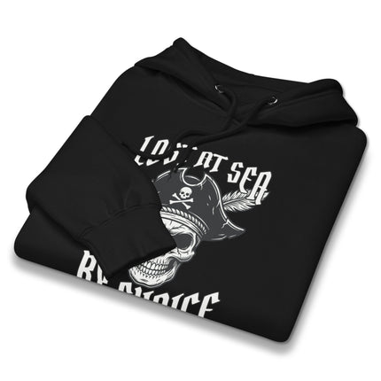 Nautical pirate skull hoodie pullover featuring a 'Lost At Sea' rebel graphic design.
