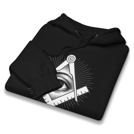 Black hoodie featuring the all-seeing eye, square, and compass esoteric symbolism design.
