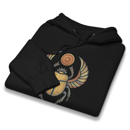 Khepri scarab hoodie featuring Egyptian mythology sun god graphics on fleece pullover.