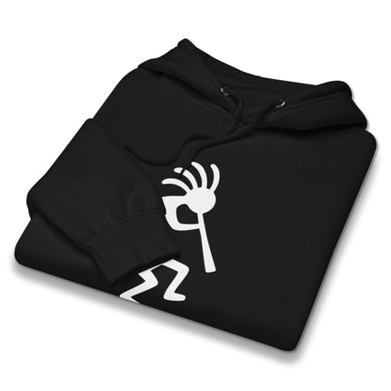 Kokopelli flute player graphic printed on a unisex Native American style pullover hoodie sweatshirt.