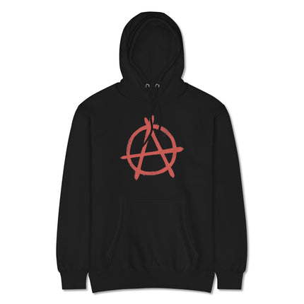Red pullover hoodie featuring an occult inverted pentagram symbol design.
