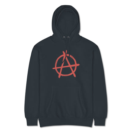 Red pullover hoodie displaying an inverted pentagram occult symbol design.