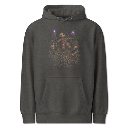 Dark magic ritual hoodie featuring gothic doll and occult pentagram print design.