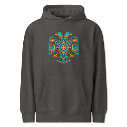 Vibrant two-headed eagle Huichol art design on a Mexican folk style pullover hoodie.