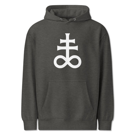 Black pullover hoodie featuring the Leviathan Cross and alchemical sulfur symbol print.