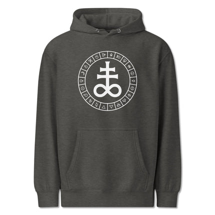 Esoteric alchemy hoodie featuring Leviathan cross and occult symbols design.