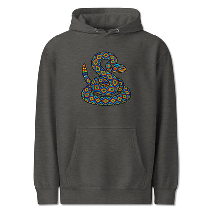 Colorful geometric Huichol rattlesnake folk art pullover hoodie design.