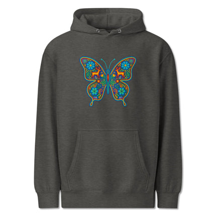 Vibrant Huichol butterfly art on a cozy Mexican folk style pullover hoodie design.