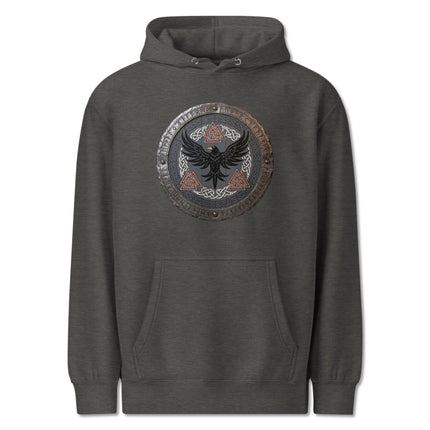 Norse raven shield hoodie featuring Viking runes and mythological symbols.